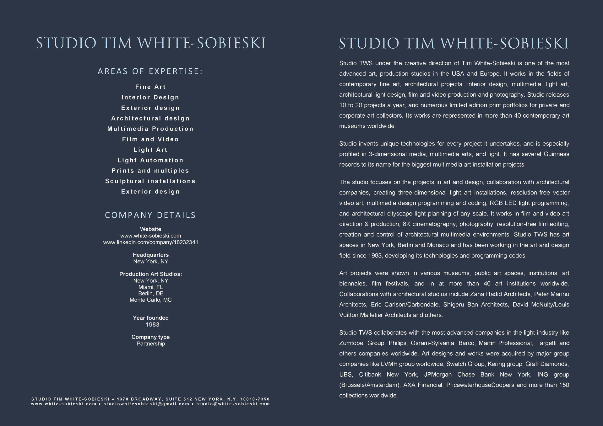 Studio TWS, Tim White-Sobieski, Architectural light projects and designs